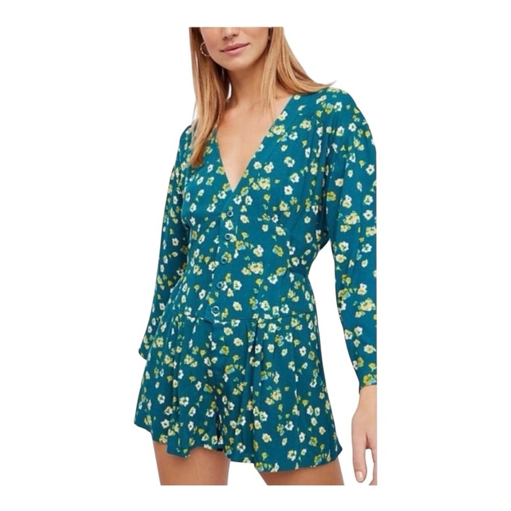 Free People‎ L'amour Printed Romper Playsuit Teal Sz 4 Floral Long Sleeve
